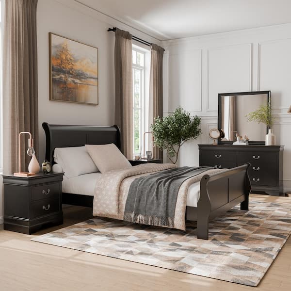 Furniture of America 5 Piece Burkhart Black Wood Queen Bedroom Set with 2 Nightstands and Dresser w Mirror EC 7866BK Q NDM