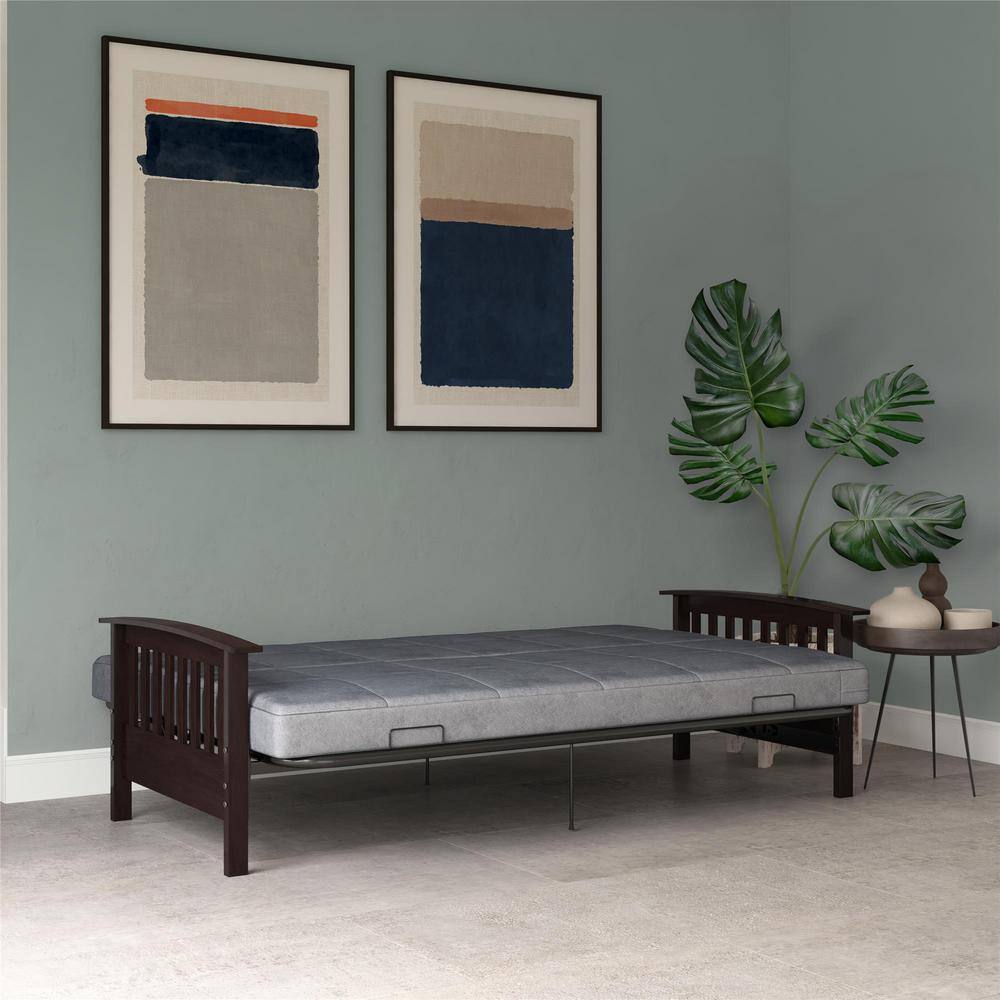 Gray Linen Reclining Futon with Dark Wood Arms and Metal Frame