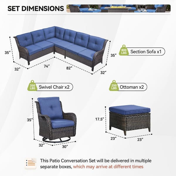6-Piece Brown Wicker Patio Conversation Set with Olefin Blue Cushions L-Shaped Sofa with Ottoman/Swivel Patio Chairs