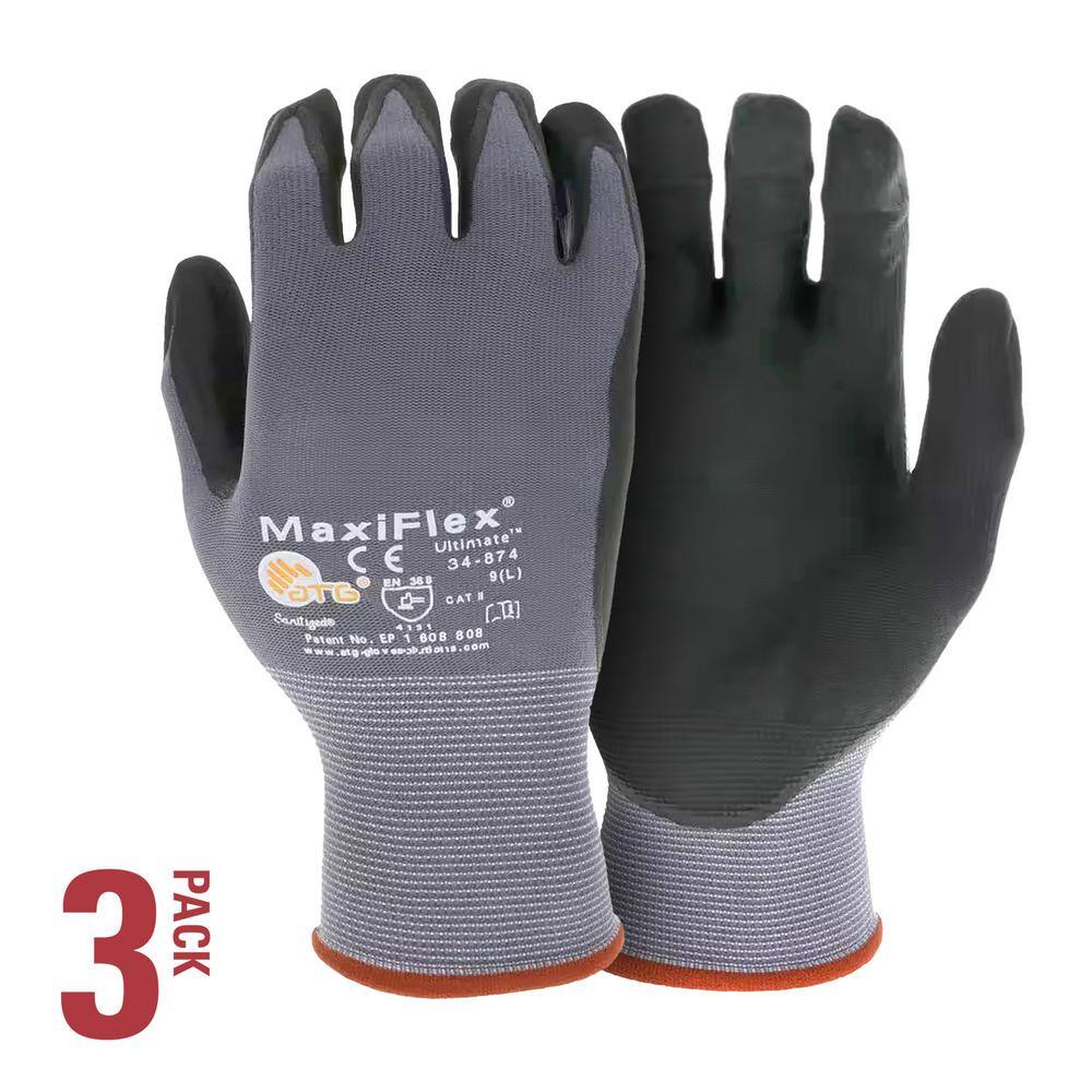 ATG MaxiFlex Ultimate Men's Large Gray Nitrile Coated Outdoor and Work Gloves with Touchscreen Capability (3-Pack) -  34-874-L3P