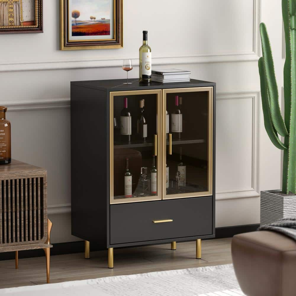 FUFU&GAGA Black Wooden Wine Cabinet with Drawer and Metal Legs Bar ...