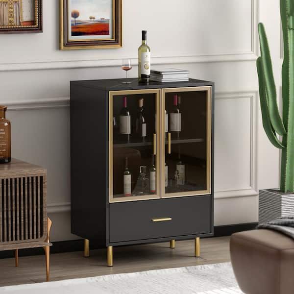 FUFU&GAGA Black Wooden Wine Cabinet with Drawer and Metal Legs Bar Cabinet  KF310009-01 - The Home Depot