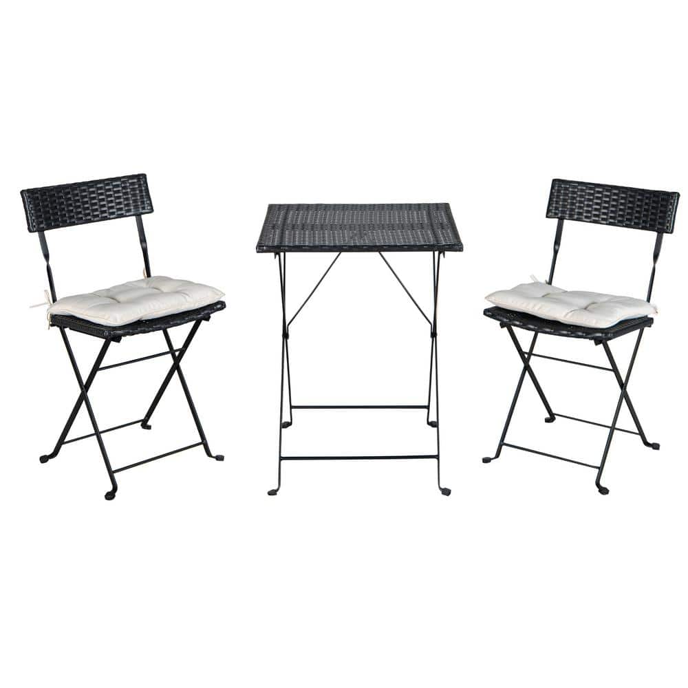 Black 3-Piece Wicker Folding Outdoor Bistro Set with Beige Cushions