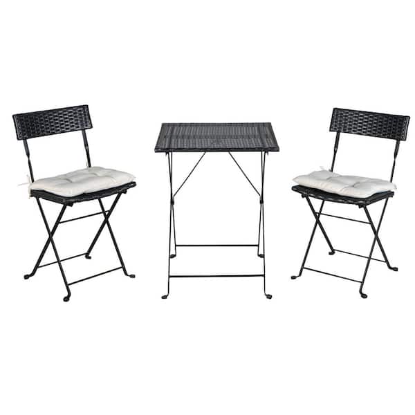 GOSHADOW Black 3-Piece Wicker Folding Outdoor Bistro Set with Beige Cushions
