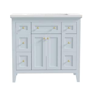 36 in. W x 18 in. D x 34 in. H Single Sink Freestanding Bath Vanity in Light Blue with White Resin Top and Storage