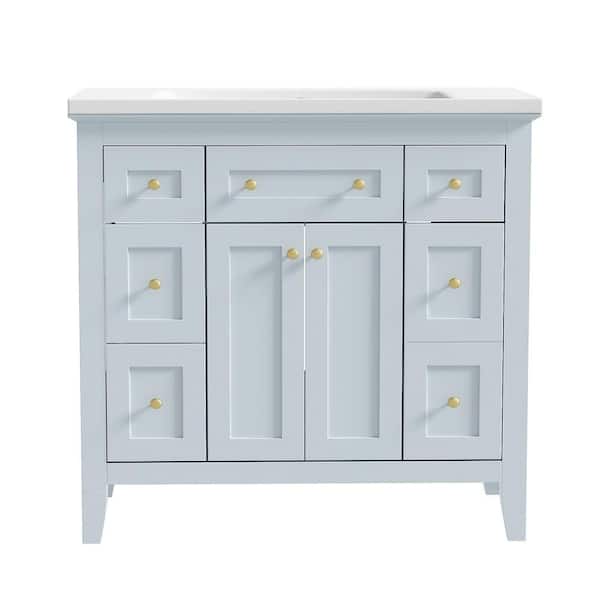 EPOWP 36 in. W x 18 in. D x 34 in. H Single Sink Freestanding Bath Vanity in Light Blue with White Resin Top and Storage