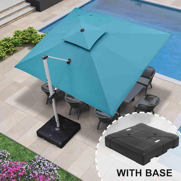 10 ft. x 12 ft. High-Quality Aluminum 360 Rotation Cantilever Polyester Outdoor Patio Umbrella with Base, Turquoise Blue