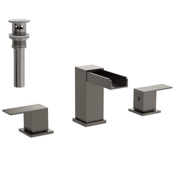 3-Hole  Waterfall Open Spout 8 in. Widespread 2-Handle Bathroom Faucet in Brushed Nickel Pop-Up Drain Included