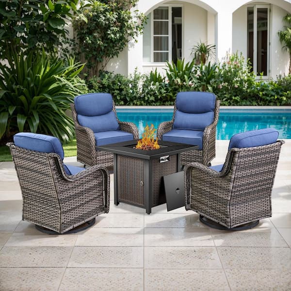 5-Piece Gray Wicker Outdoor Patio Fire Pit Set with CushionGuard Blue Cushions