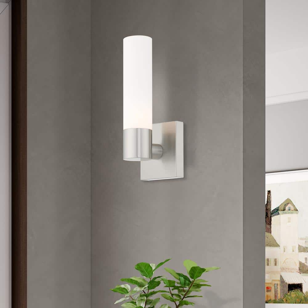 Brushed Nickel 11" Chrome Sconce with Etched Opal Glass