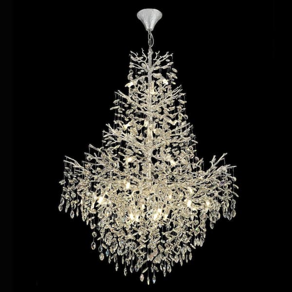 27-Light 47 in. Silver Crystal Chandelier, Large Kitchen Chandelier for High Ceiling Hanging Lights, Bedroom Chandelier