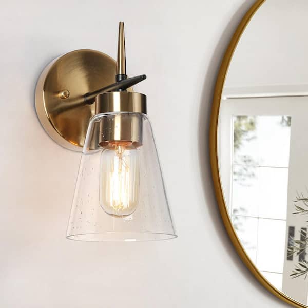Industrial Plating Brass Cone Bathroom Wall Sconce with Seeded Glass Shade, 1-Light Gold Bedroom Foyer Bell Wall Light