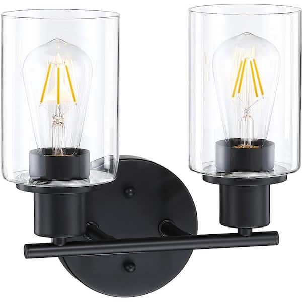 Pia Ricco 10.44 in. 2 Light Matte Black Indoor Bathroom Vanity Light With Clear Glass Shade