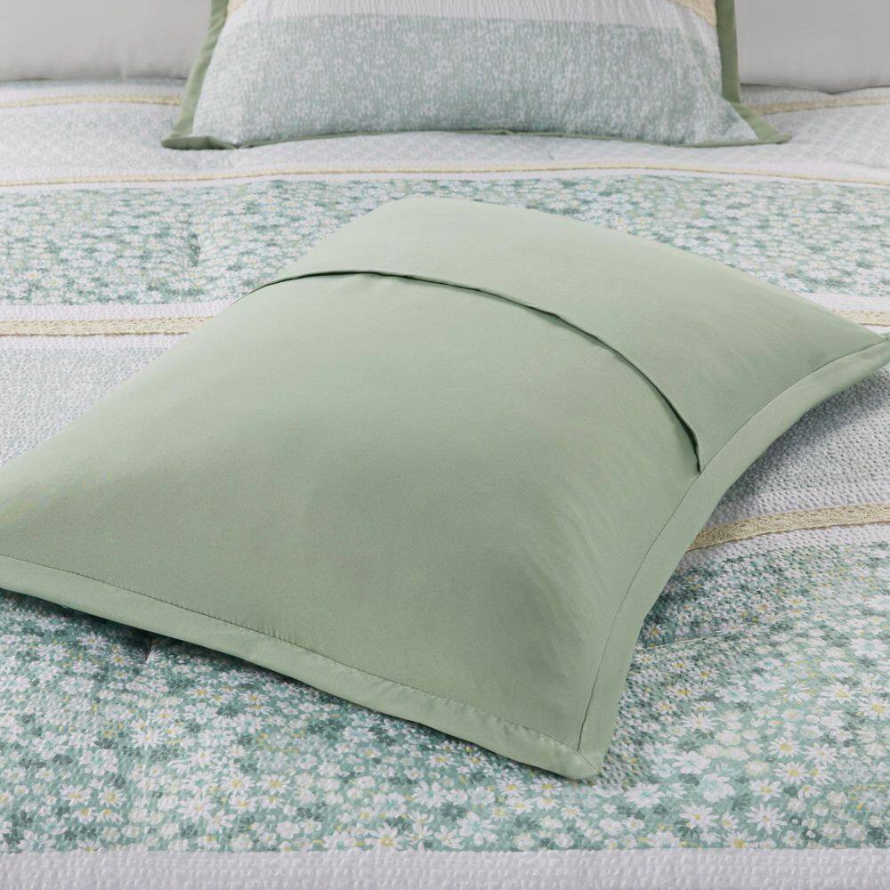 Green Seersucker Floral Full Comforter Set with Throw Pillows