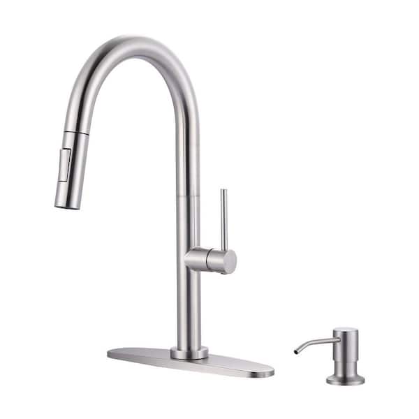 VEVETTA 17 in. Single Handle Pull Down Sprayer Kitchen Faucet with 360° 2-Mode Spray and Soap Dispenser in Brushed Nickel