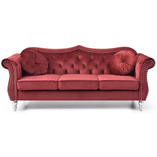 Hollywood 82 in. Round Arm Velvet Rectangle Tufted Straight Sofa in Red