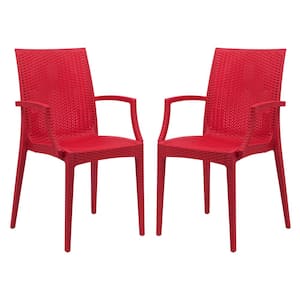 Red Mace Modern Stackable Plastic Weave Design Indoor Outdoor Dining Chair with Arms (Set of 2)