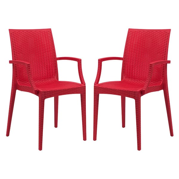 Leisuremod Red Mace Modern Stackable Plastic Weave Design Indoor Outdoor Dining Chair with Arms (Set of 2)