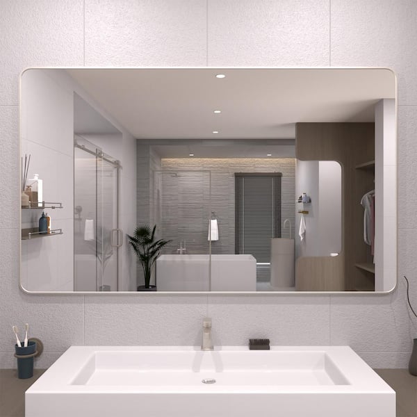 TaiMei 60 in. W x 36 in. H Rectangular Framed Wall Bathroom Vanity Mirror in Brushed Nickel