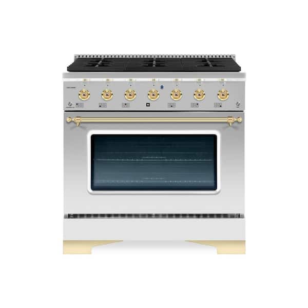 Hallman CLASSICO 36" 5.2CuFt. 6 Burner Freestanding All Gas Range with Gas Stove and Gas Oven, Stainless steel with Brass Trim