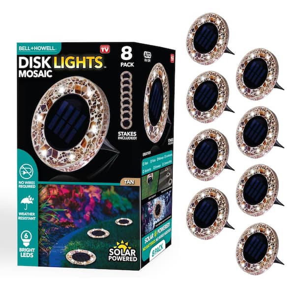 Bell + Howell Mosaic Disk Lights Solar Powered Light Brown LED Path Lights with Mosaic Glass Top (8-Pack)