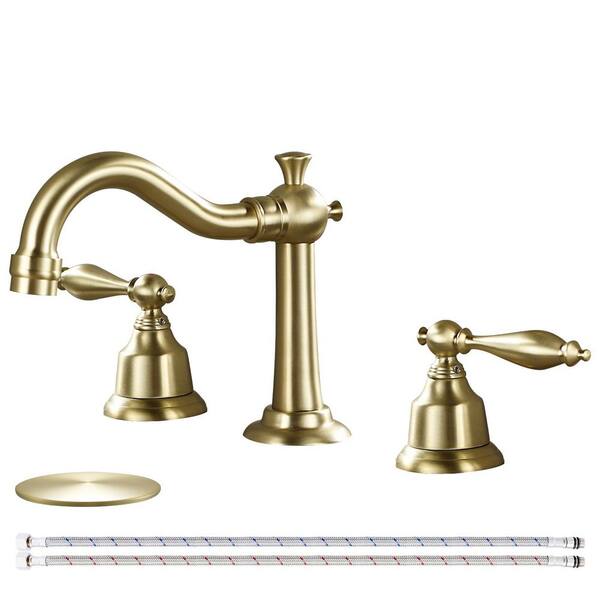 AKLFGN Double Handle 8 in. Widespread Bathroom Faucet 3-Hole Waterfall Bathroom Sink Faucet with Pop-Up Drain in Brushed Gold