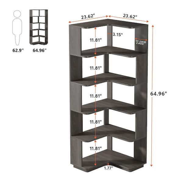 65 in. Tall Dark Gray Engineered Wood 6-Shelf Corner Bookcase, Open Bookshelf Display Shelf with Anti-Drop Panel