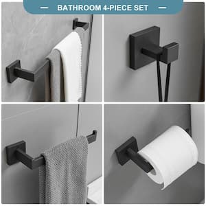 4-Piece Bath Hardware Set with Towel Bar Hand Towel Holder Toilet Paper Holder Towel Hook Modern Square in Matte Black
