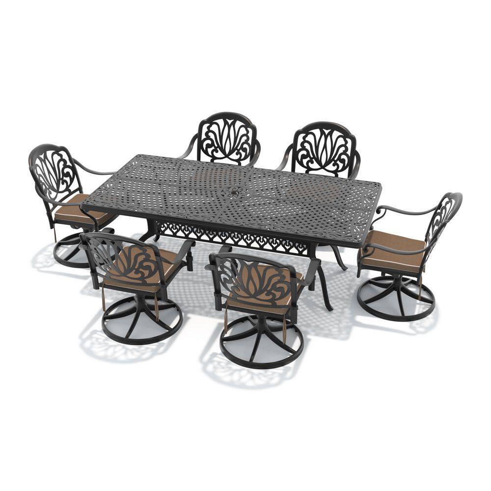 Black 7-Piece Cast Aluminum Outdoor Dining Set with 6 Swivel Rockers with Brown Cushion and Rectangular Table price history on PriceWatchPro