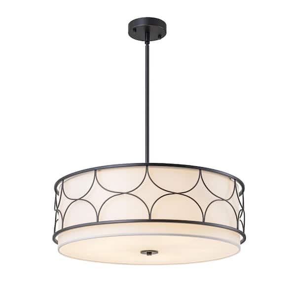 Modern 5-Light Black Drum Chandelier with White Fabric Shade, Adjustable Pendant Light for Dining Room Kitchen Island