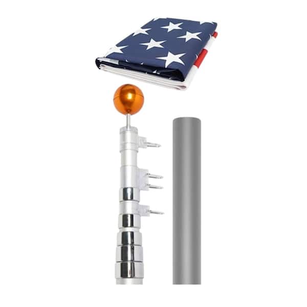 Misopily 20 ft. Telescopic Aluminum Flagpole Kit with 3 ft. x 5 ft. U.S Flag, Adjustable Height and 360° Rotating Clips, Silver