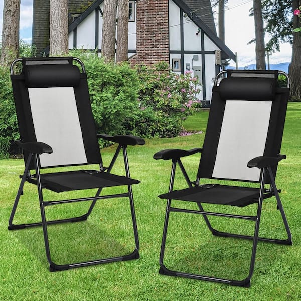2-Pieces Black Metal Steel Outdoor Adjustable Patio Folding Recliner Chairs with 7-Level Adjustable Backrest