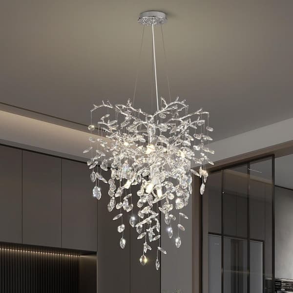 PUYRNF 6 Lights 21.6 in. Silver Tree Branch Kitchen Island Chandelier with Crystal Decoration, for Foyer, Entryway, Living room