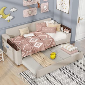 Beige Twin Size Upholstered Daybed with Trundle, Flip-top Storage Arms, USB Charging Stations and 2 Storage Bags