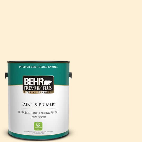 BEHR PREMIUM PLUS 1 gal. #310A-1 Ivory Invitation Semi-Gloss Enamel Low Odor Interior Paint & Primer