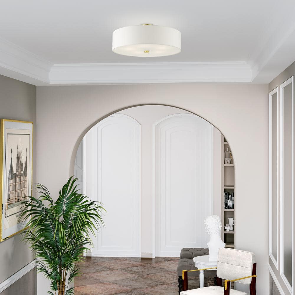 Satin Brass 5-Light Semi-Flush Drum Ceiling Fixture with Off-White Shade