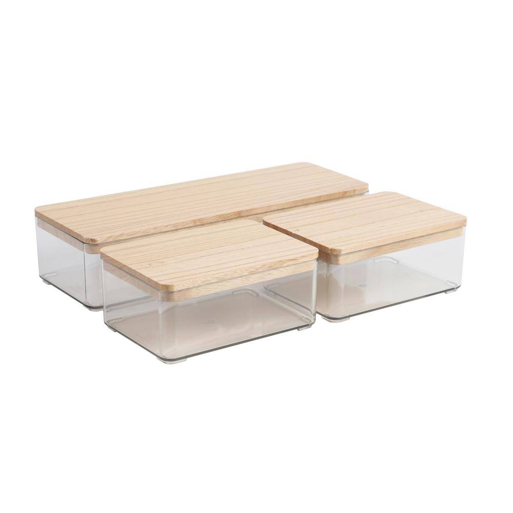 Clear Plastic Stackable Storage Boxes with Light Natural Paulownia Wood Lids, Set of 3