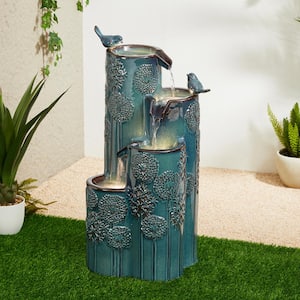 31.75 in. H 4-Tier Turquoise Dandelion Texture Tiered Outdoor Floor Fountain with Birds, Pump, and LED Light (KD)