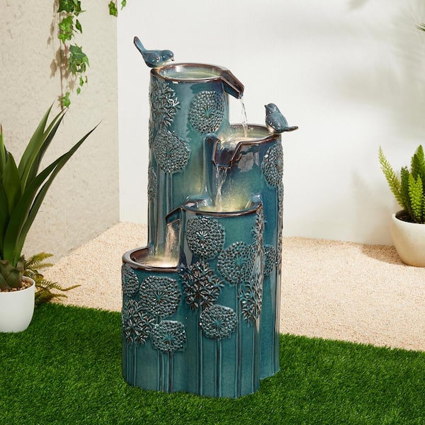 Glitzhome 31.75 in. H 4-Tier Turquoise Dandelion Texture Tiered Outdoor Floor Fountain with Birds, Pump, and LED Light (KD)