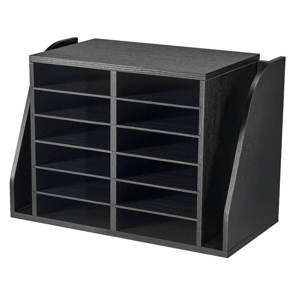 Literature Organizer w/ 12 Compartments Side Vertical Storage, Wooden Black Desk Accessories 16.14 in. H x 11.81 in. W