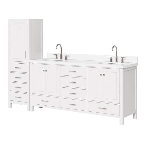 Cambridge 73 in. Double Sink Bath Vanity with Pure White Quartz Top and Linen Cabinet in White