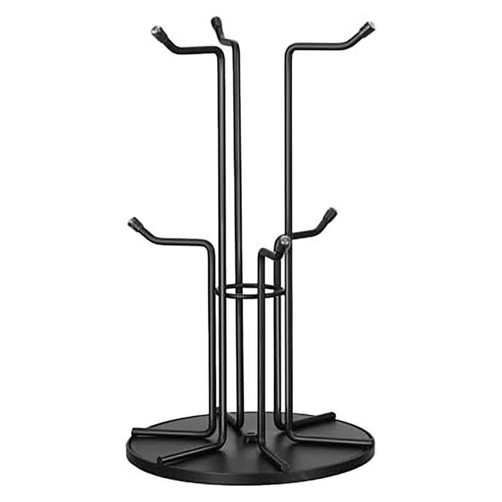 6-Hook Black Rotating Coffee Mug Tree Metal Stand with 360° Base for Countertop Organizer Storage Decor Kitchen