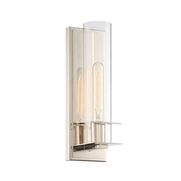Savoy House Hartford 4.5 in. W x 14 in. H 1-Light Polished Nickel Wall Sconce with Clear Glass Cylindrical Shade