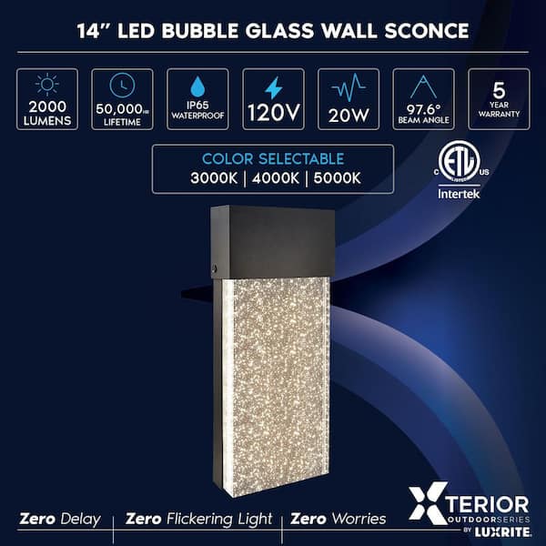 14 Inch Black Modern Bubble Glass LED Outdoor Hardwired Wall Sconce Light, 3CCT 2000LM 20W, IP65 Waterproof, ETL 2-Pack