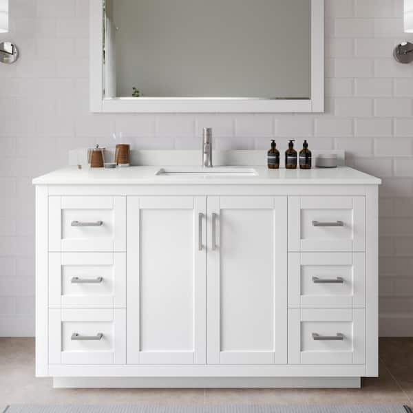 Wyndham Collection Miranda 54 in. W x 22 in. D x 33.75 in. H Single Bath Vanity in White with White Quartz Top and 46 in. Mirror