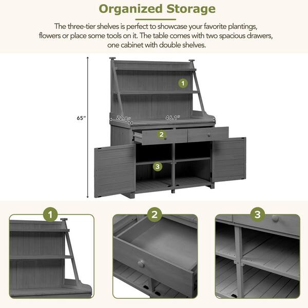 Unbranded - Fir Wood Series 47.2 in. W x 65 in. H Gray Potting Bench Workstation with Storage Shelves, Drawer and Cabinet (1 Pack)