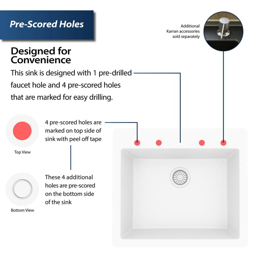White Quartz 25'' Single Bowl Drop-In Kitchen Sink