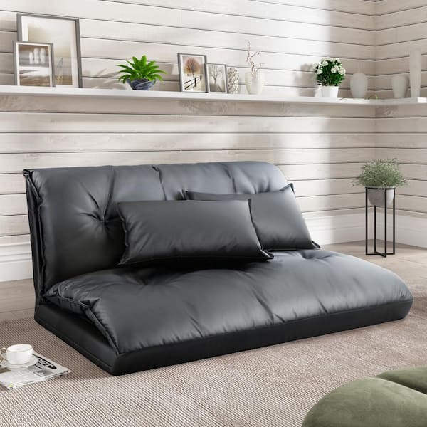 Unbranded Lazy Susan Bed Black Fabric Adjustable Folding Futon Sofa with 2 Pillows