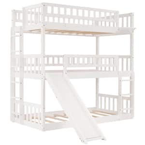 White Triple Bunk Bed with Slide, Wooden Bunk Bed Frame Twin-Over-Twin-Over-Twin, Can be Convertible to 3 Bed
