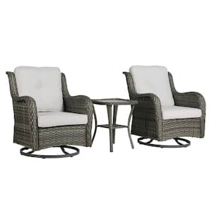 Wicker Rattan Taupe Patio Outdoor Rocking Chair Swivel with Beige Cushions and Side Table (Set of 2)